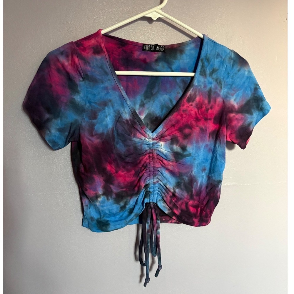 Current Mood Dolls Kill Tie Dye Ruched Crop Top Blue Pink Purple V-Neck Medium